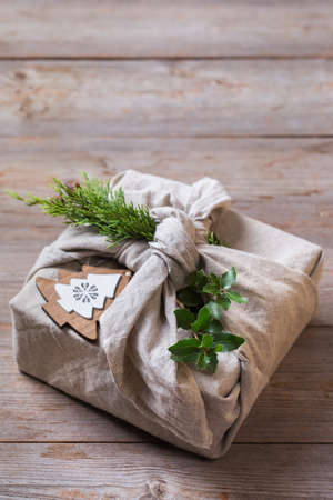 Zero waste Christmas concept, handmade gift box, furoshiki styleの写真素材