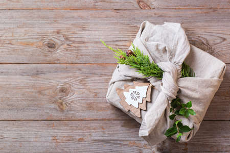 Zero waste Christmas concept, handmade gift box, furoshiki styleの写真素材
