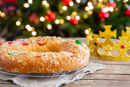 Traditional Spanish Epiphany cake, Roscon de Reyes with festive decorationsの写真素材