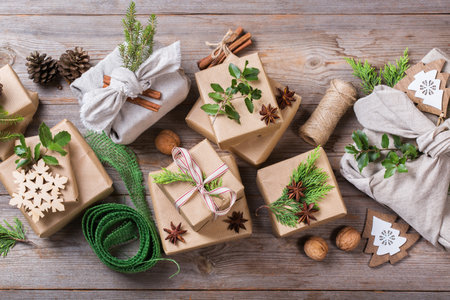 Zero waste Christmas concept, handmade gift boxes, furoshiki styleの写真素材