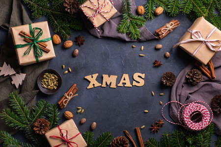 Christmas concept, handmade eco friendly gift boxesの写真素材