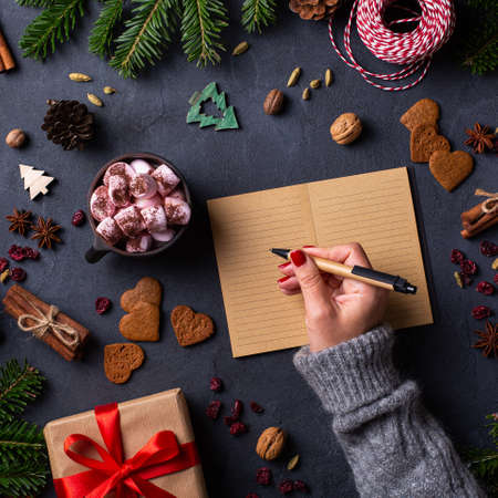 Christmas concept, female hands writing letter to Santa Claus
