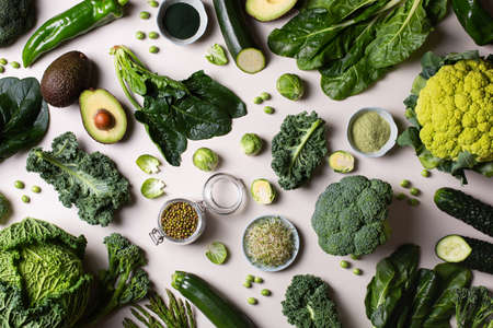 Variety of green vegetables, local food, seasonal produceの写真素材