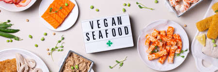 Vegan Plant based fish and seafood, food reducing carbon footprintの写真素材