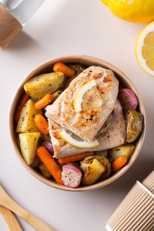 Vegan Plant based fish, fishless fillets with roasted vegetables