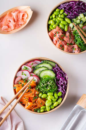 Vegan Poke bowl with Plant based seafood, salmon, tunaの写真素材