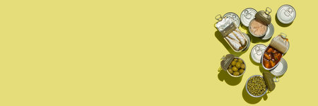 Assortment of Tinned fish, canned food, bannerの写真素材