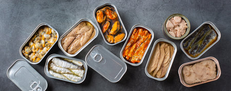 Assortment of Tinned fish, canned food ready for date nightの写真素材