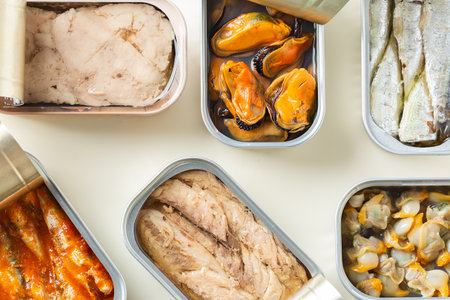 Assortment of Tinned fish, canned food ready for date nightの写真素材