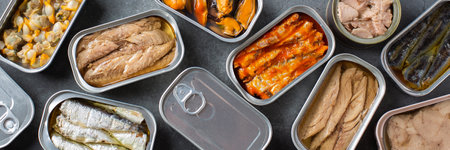 Assortment of Tinned fish, canned food ready for date nightの写真素材