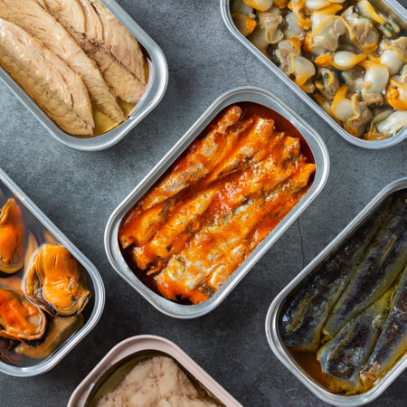 Assortment of Tinned fish, canned food ready for date nightの写真素材