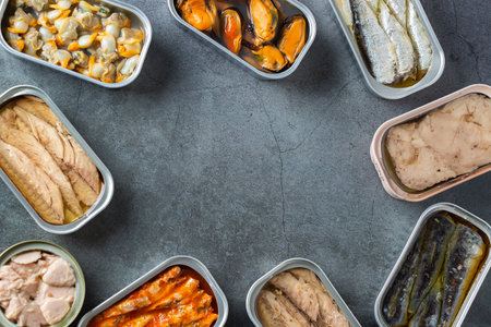 Assortment of Tinned fish, canned food ready for date nightの写真素材