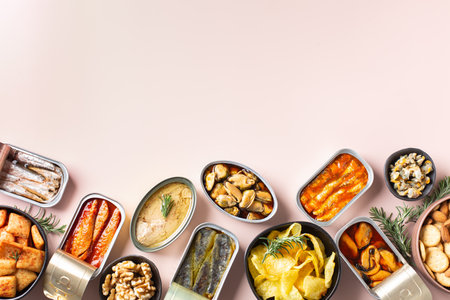 Assortment of Tinned fish, canned food ready for date nightの写真素材