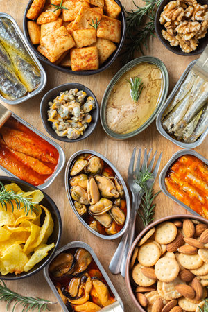 Assortment of Tinned fish, canned food ready for date nightの写真素材