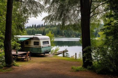 Camper van near the lake, freelance life. AI generatedの素材