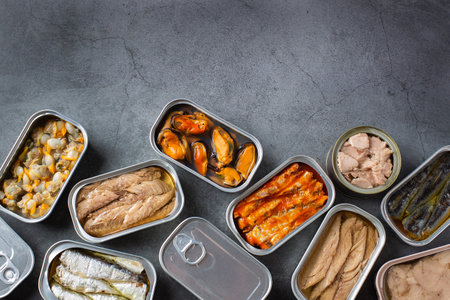 Assortment of Tinned fish, canned food ready for date nightの写真素材