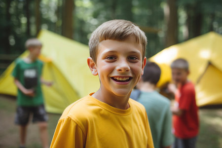Young smiling boy in the summer camp, AI generatedの素材