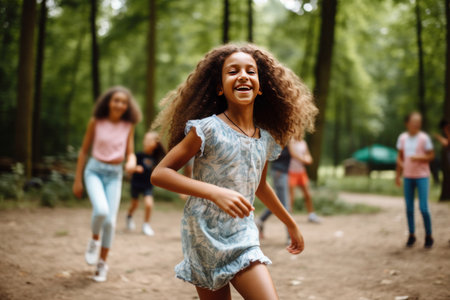 Young smiling girl in the summer camp, AI generatedの素材