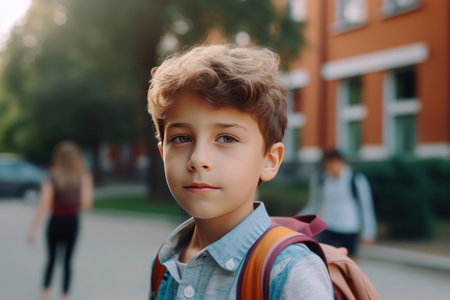 Young smiling boy ready to back to school, AI generatedの素材