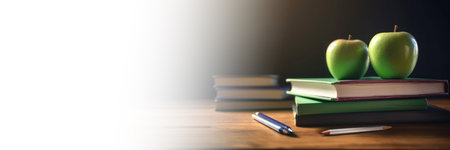 Banner Back to school, school supplies on table, AI generatedの素材