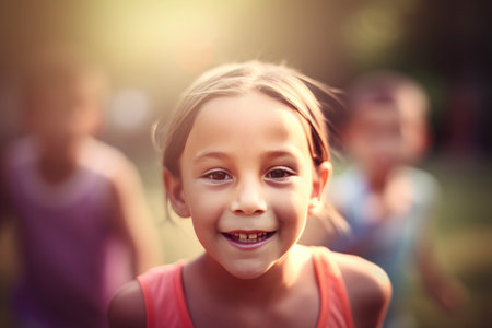 Young smiling girl in the summer camp, AI generatedの素材