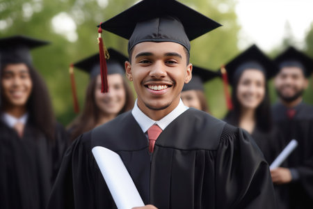 Young male hispanic graduate student against university background, AI generatedの素材