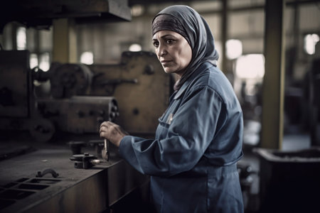 Portrait of arab muslim woman, factory worker, AI generatedの素材