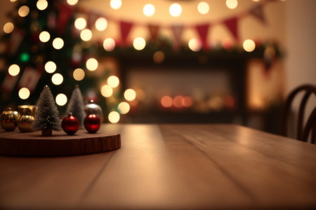 Wooden table for product display with Christmas background, generative AIの素材