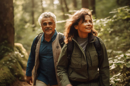 Mature couple hiking through the forest, Generative AIの素材