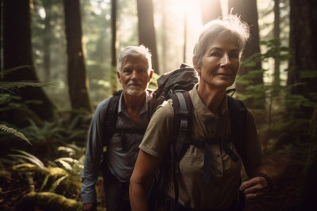 Mature couple hiking through the forest, Generative AIの素材