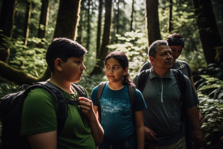 Family with children hiking through the forest, Generative AIの素材