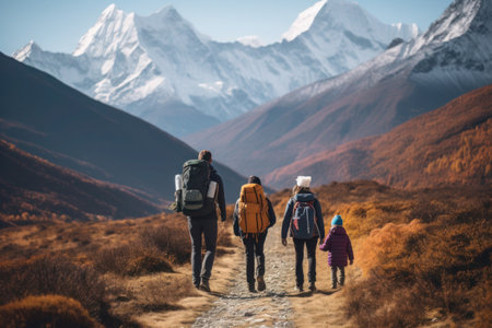 Family with children hiking in the mountains, Generative AIの素材