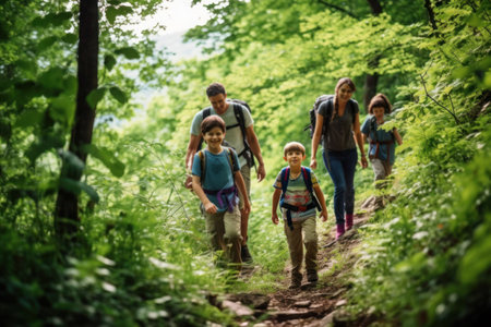 Family with children hiking through the forest, Generative AIの素材