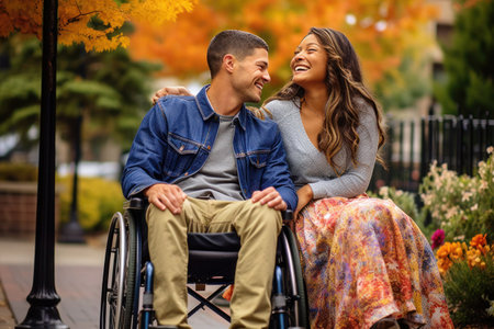 Disabled man and his wife walking in nature, generative AIの素材