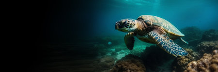 Banner with Big turtle diving in the ocean, generative AIの素材