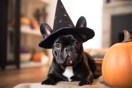 French BullDog wearing Halloween witch hat, AI generativeの素材