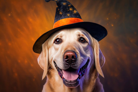 Dog wearing Halloween witch hat, AI generativeの素材