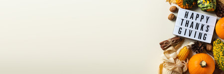 Autumn fall thanksgiving day composition with decorative pumpkins, bannerの写真素材