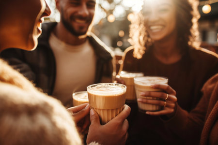 Group of friends having fun and drinking coffee outdoorsの素材