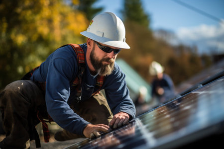 Worker installing solar panels, renewable energyの素材
