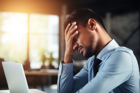 Young overworked man suffering from burnout at the officeの素材