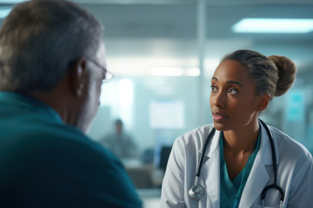 Female doctor, medicine worker talking with colleague in a hospitalの素材