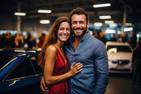 Happy Couple Posing Proudly Next to Their Recently Acquired Dream Carの素材