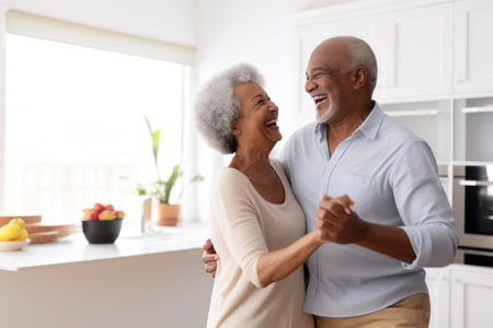 African multiracial married senior mature couple dancing in the kitchenの素材