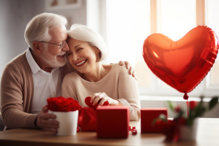 Senior mature married couple celebrating Valentine dayの素材