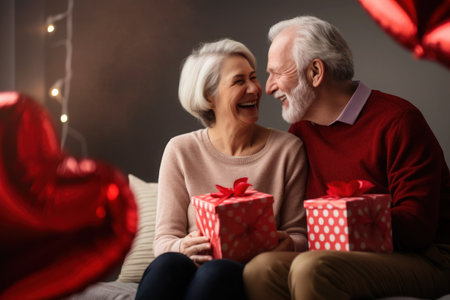 Senior mature married couple celebrating Valentine dayの素材