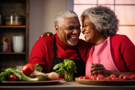 African married middle aged mature couple drinking wine in kitchenの素材