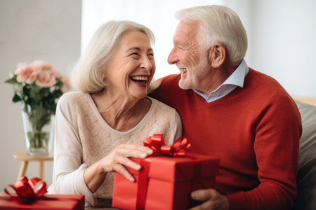 Senior mature married couple celebrating Valentine dayの素材