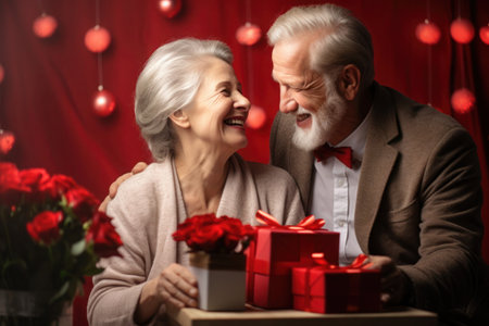 Senior mature married couple celebrating Valentine dayの素材
