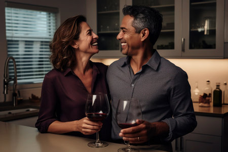 Hispanic married middle aged mature couple drinking wine in kitchenの素材